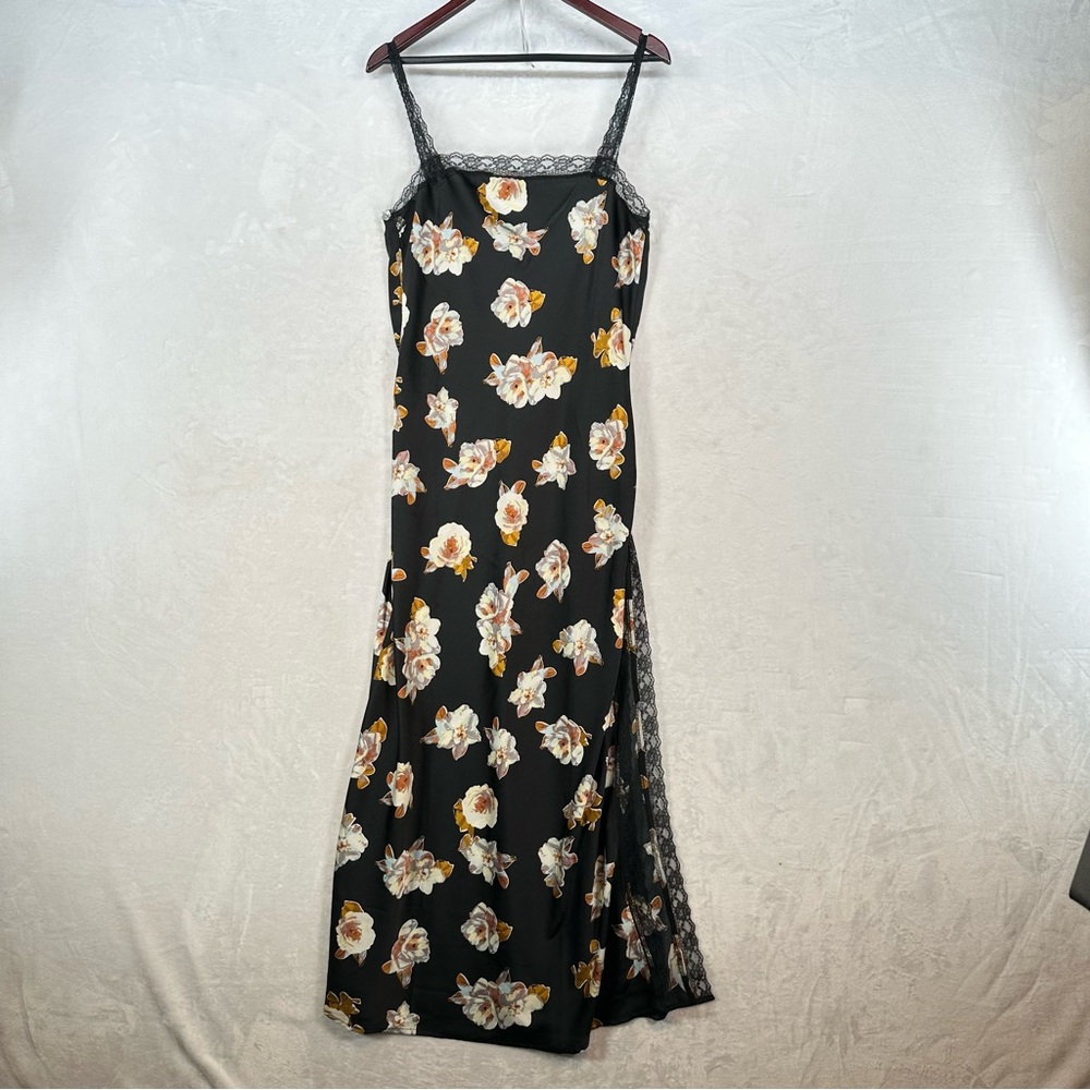ANTHROPOLOGIE Dress Womens M Black Satin Floral maxi Sip Lace Fairy Wedding